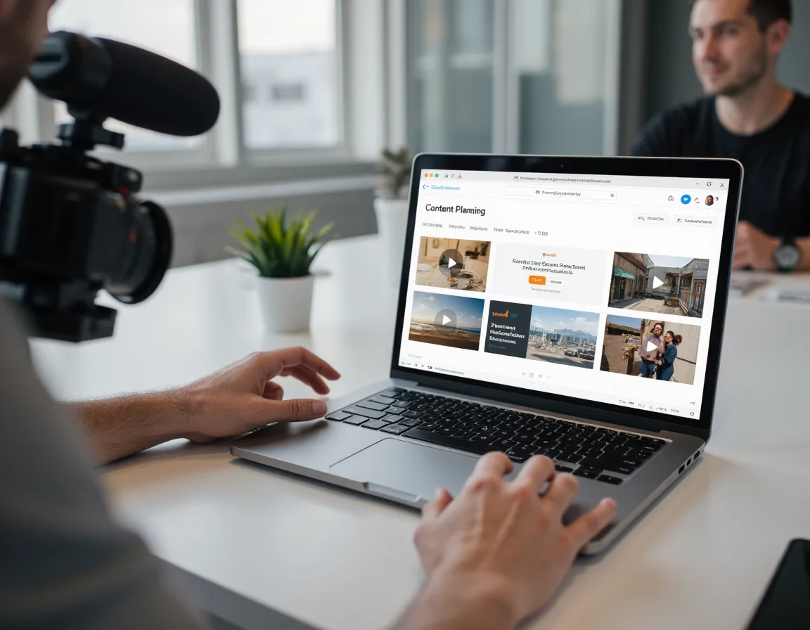 Workspace showing content planning and video marketing tools for a local service business.