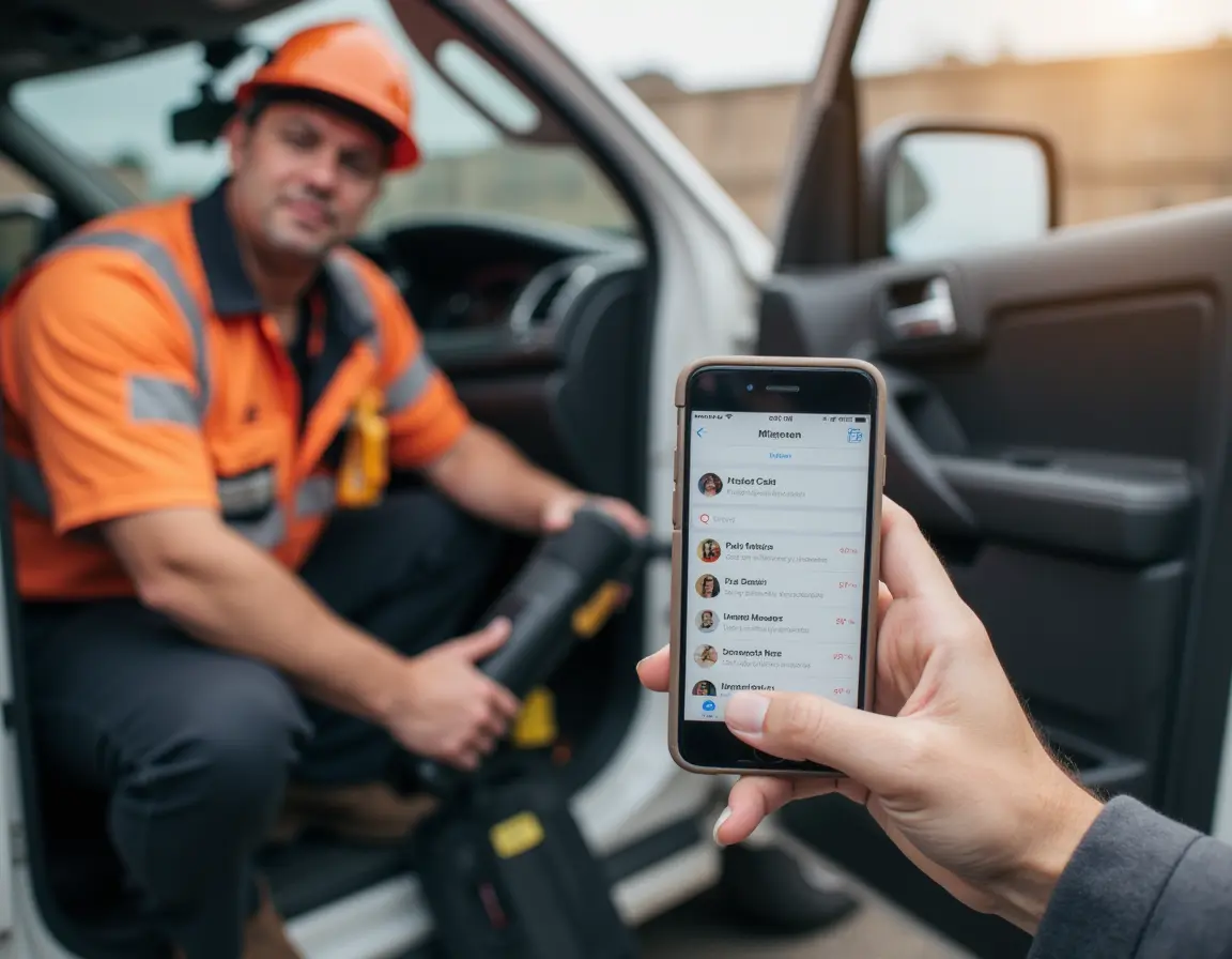 Busy local service technician in the field while missed calls and service inquiries appear on a phone.