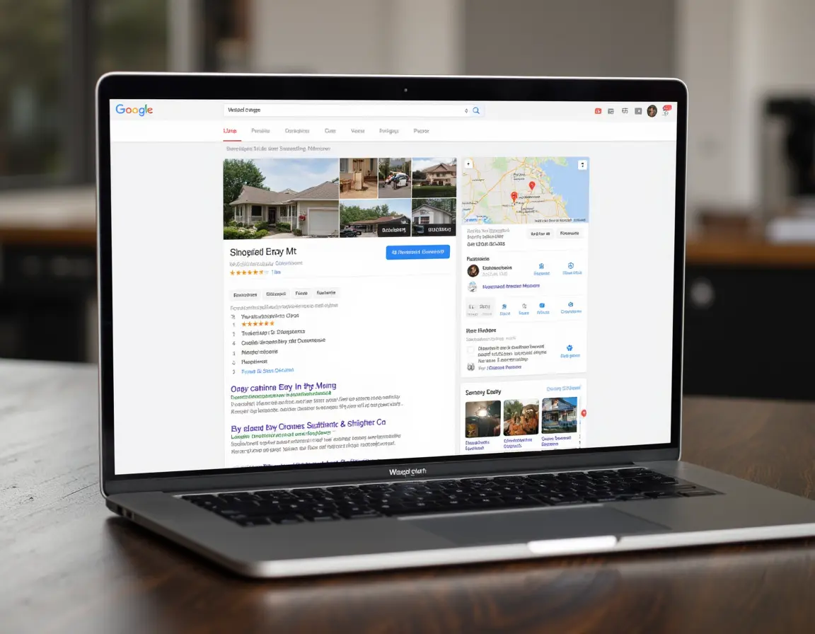 Laptop showing a local service business profile with reviews, map visibility, trust badges, and service proof.