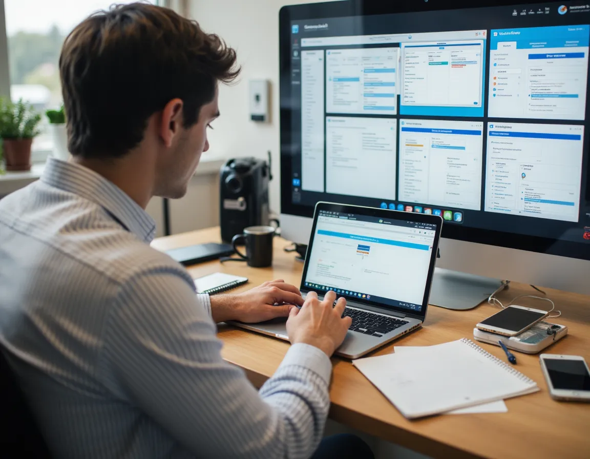 Home service business owner using disconnected tools including a laptop phone and calendar