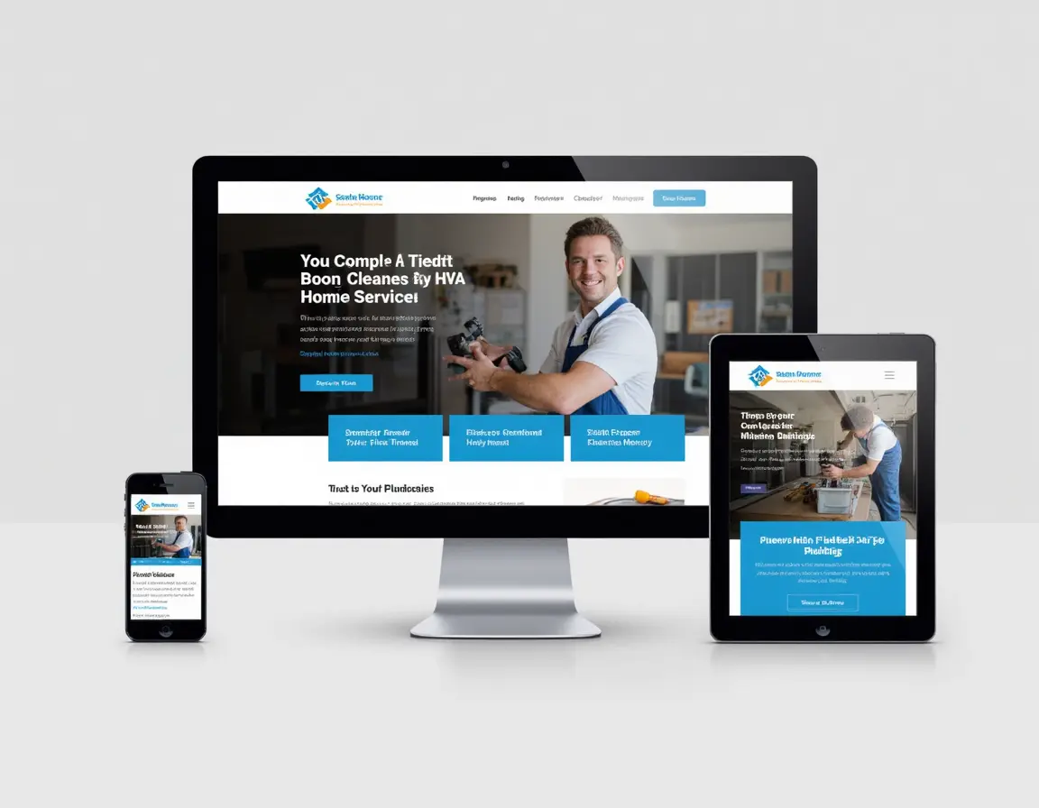 Modern mobile-friendly home service website shown on desktop tablet and smartphone