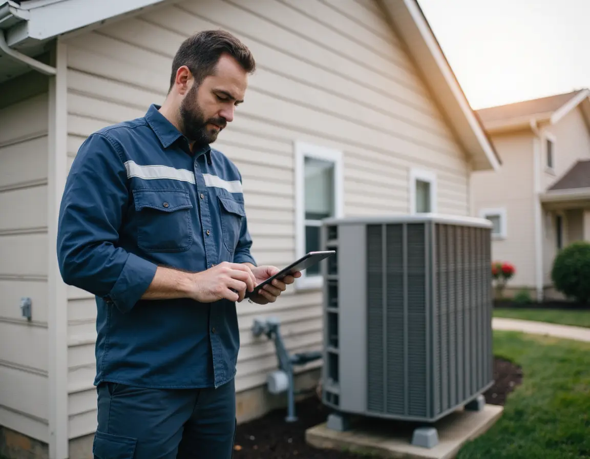 HVAC technician using a tablet to manage service requests and appointments