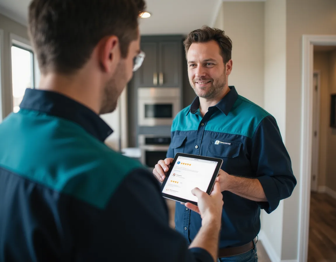 Home service technician showing customer reviews to build trust with a homeowner.