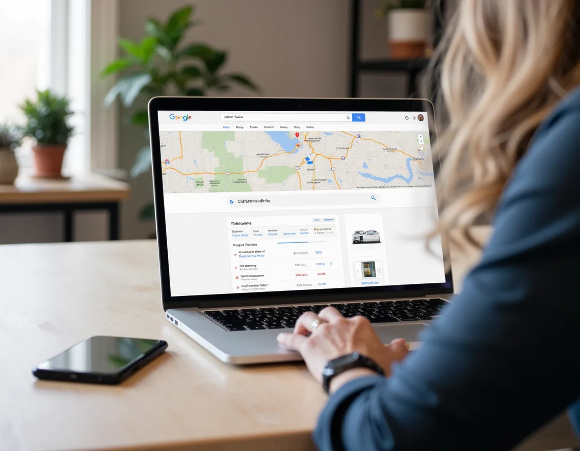 Laptop showing local search visibility and service area marketing for a home service business