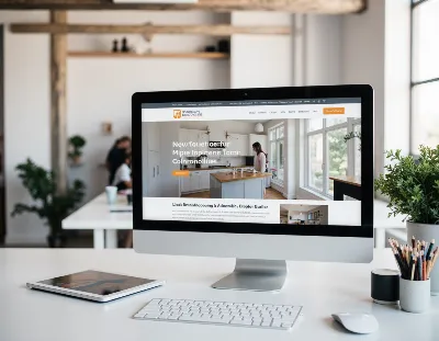 Home improvement company website design displayed on a desktop screen with service pages and estimate request features.