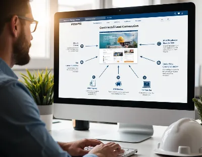 Contractor lead conversion system showing website visitors moving into estimate requests and CRM follow-up.