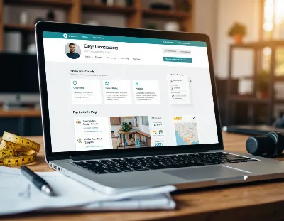 Contractor business profile showing reviews, service area map, completed project photos, credentials, and trust signals.