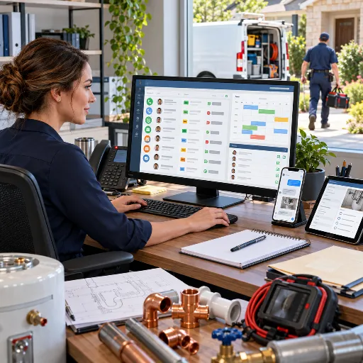 CRM dashboard showing plumbing leads moving through follow-up stages with phone and message notifications.