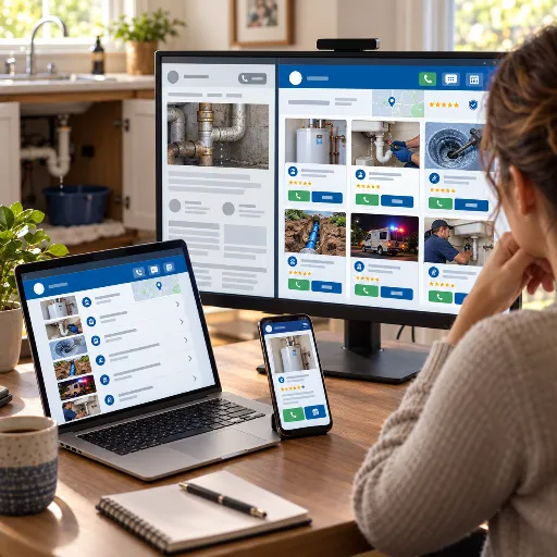 Marketing consultant reviewing organized plumbing service page layouts on a laptop.