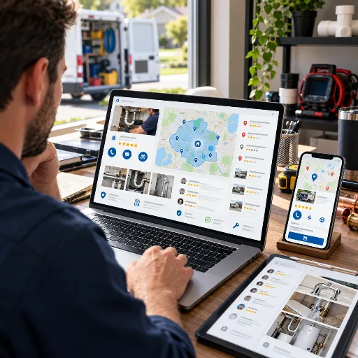 Plumbing business owner reviewing local reputation signals, customer reviews, and service area visibility.