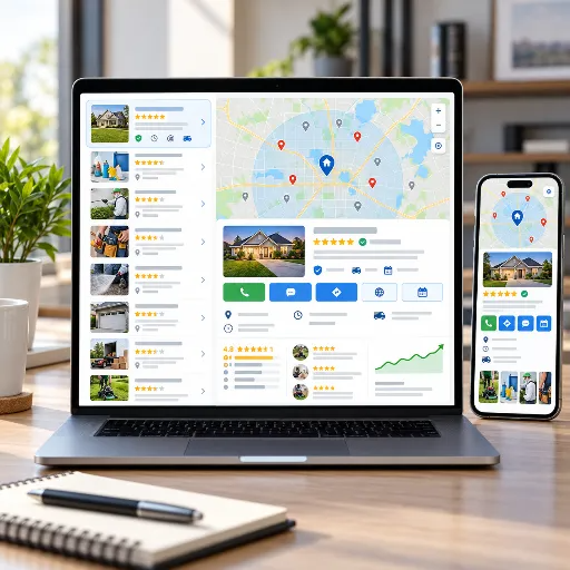 Laptop displaying local SEO visibility, customer reviews, service areas, and contact options for local service businesses