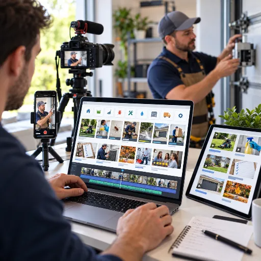 Workspace showing content planning and video marketing tools for a local service business.