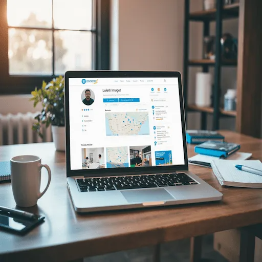Desktop screen showing an electrician business profile with customer reviews, service area map, project photos, and trust badges for local marketing visibility