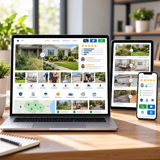 Laptop displaying customer reviews, testimonials, before-and-after projects, service results, and trust signals