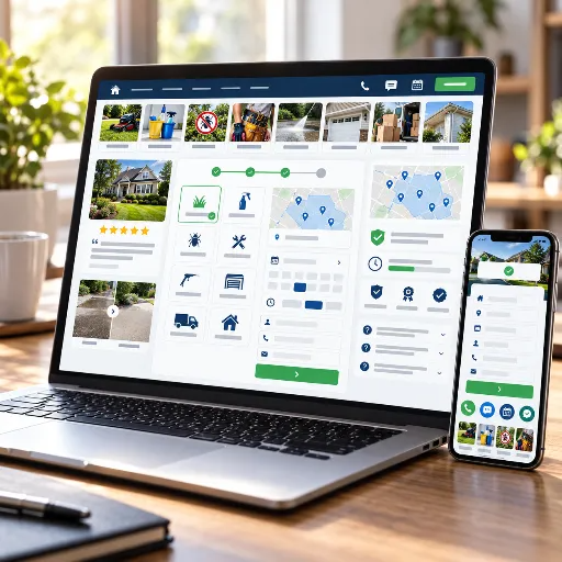 Laptop displaying a local service website with helpful content, customer reviews, trust signals, and an online service-request form