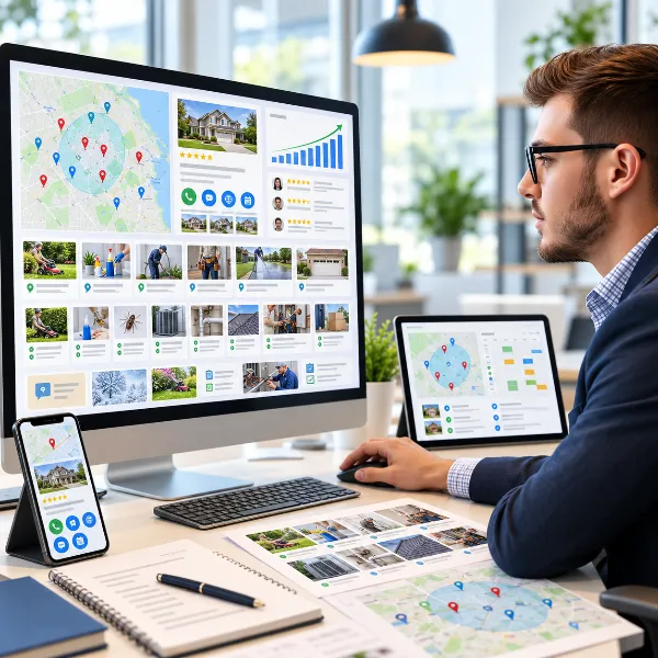 Marketing professional reviewing local search visibility for a home service business.