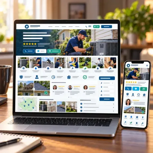 Contractor website showing reviews, project photos, service details, and trust signals.