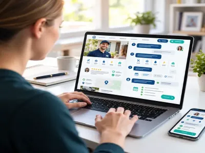 Customer using a laptop to review a home service website with chatbot support and scheduling options.