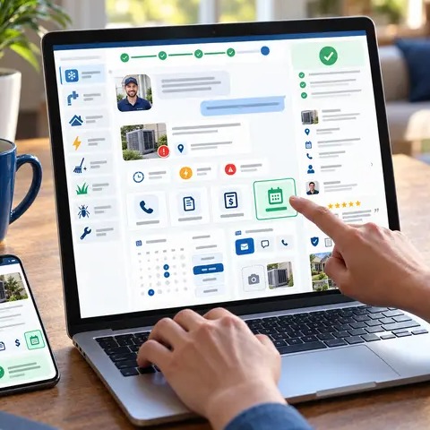 Laptop showing service request or appointment information for a home service business.