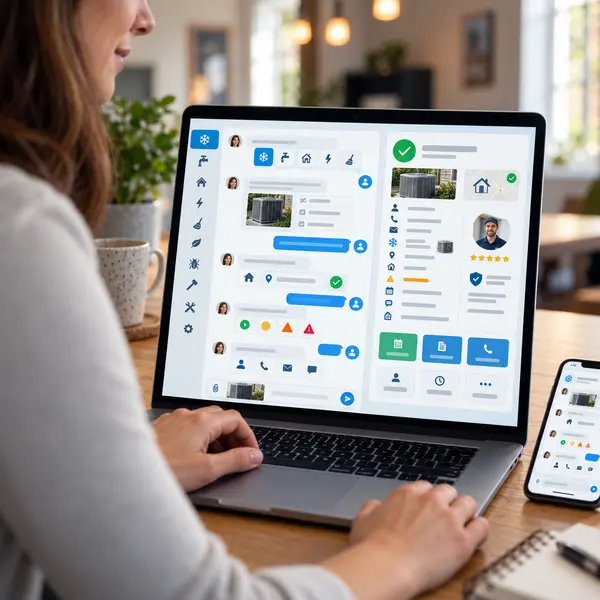 Home service chatbot collecting service type, urgency, location, and contact details from a website visitor.