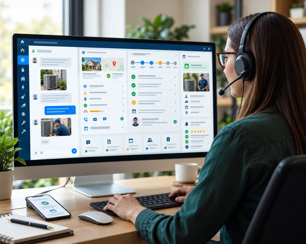 Customer support agent managing AI chatbot inquiries and CRM follow-up for a home service business.