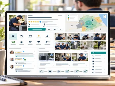 Home service business profile dashboard showing photos, services, reviews, and local map visibility.