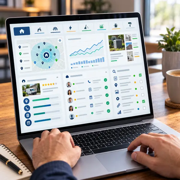 SEO reporting dashboard tracking local rankings, website traffic, calls, leads, and profile performance.