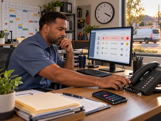 Home service business owner checking delayed customer messages on a smartphone