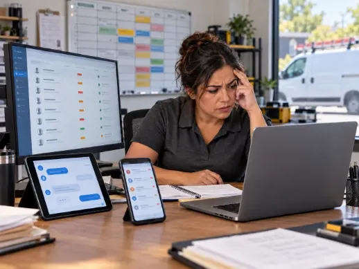 Home service business owner using disconnected tools including a laptop phone and calendar