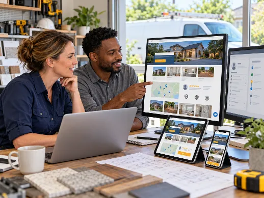Modern mobile-friendly home service website shown on desktop tablet and smartphone