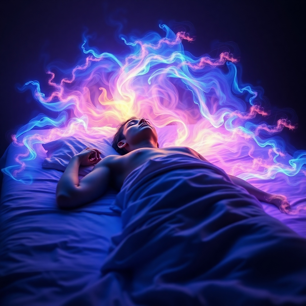 8K resolution, ultra-detailed, hyperrealistic image. Depict a vibrant energy field surrounding a person lying on a comfortable bed, seemingly asleep or in a deep meditative state.  The energy field is a mix of swirling blues, purples, and golds, representing the cleansing process. The room is dark, with only the glowing energy field illuminating the scene; this is the only light source. The camera angle is a close-up shot focusing on the energy field, giving it a sense of powerful dynamism.  The color palette is rich and saturated, yet still calming and not harsh. Textures are smooth and organic, including the bedsheets and the person's skin. Style: Inspired by the surrealist paintings of Salvador Dalí, but with a focus on photorealism and the concept of energy.  The focus should be on conveying a sense of potent, positive energy actively clearing away darker energies.  The scene is filled with a sense of mystery, serenity, and deep healing.