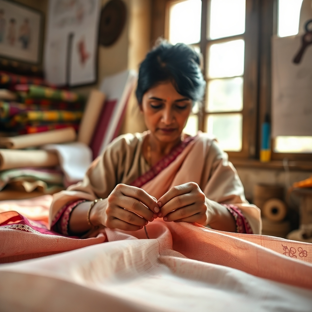 A 4K, high-quality image depicting a serene artisan's workshop. Focus on hands skillfully embroidering a delicate kurti fabric. Soft, natural light streams through a window, highlighting the textures of the textiles and the craftsman's focused expression. In the background, rolls of colorful fabrics and design sketches create a sense of creativity and dedication to quality. The color palette is warm and inviting, emphasizing natural tones and the vibrant hues of the fabrics. The camera angle is close-up, capturing the intricate details of the craftsmanship. The overall feel should be authentic, showcasing the dedication to artistry behind Vaanay's Women's Collection. Style reference: Ethical fashion photography with a focus on detail and human connection.