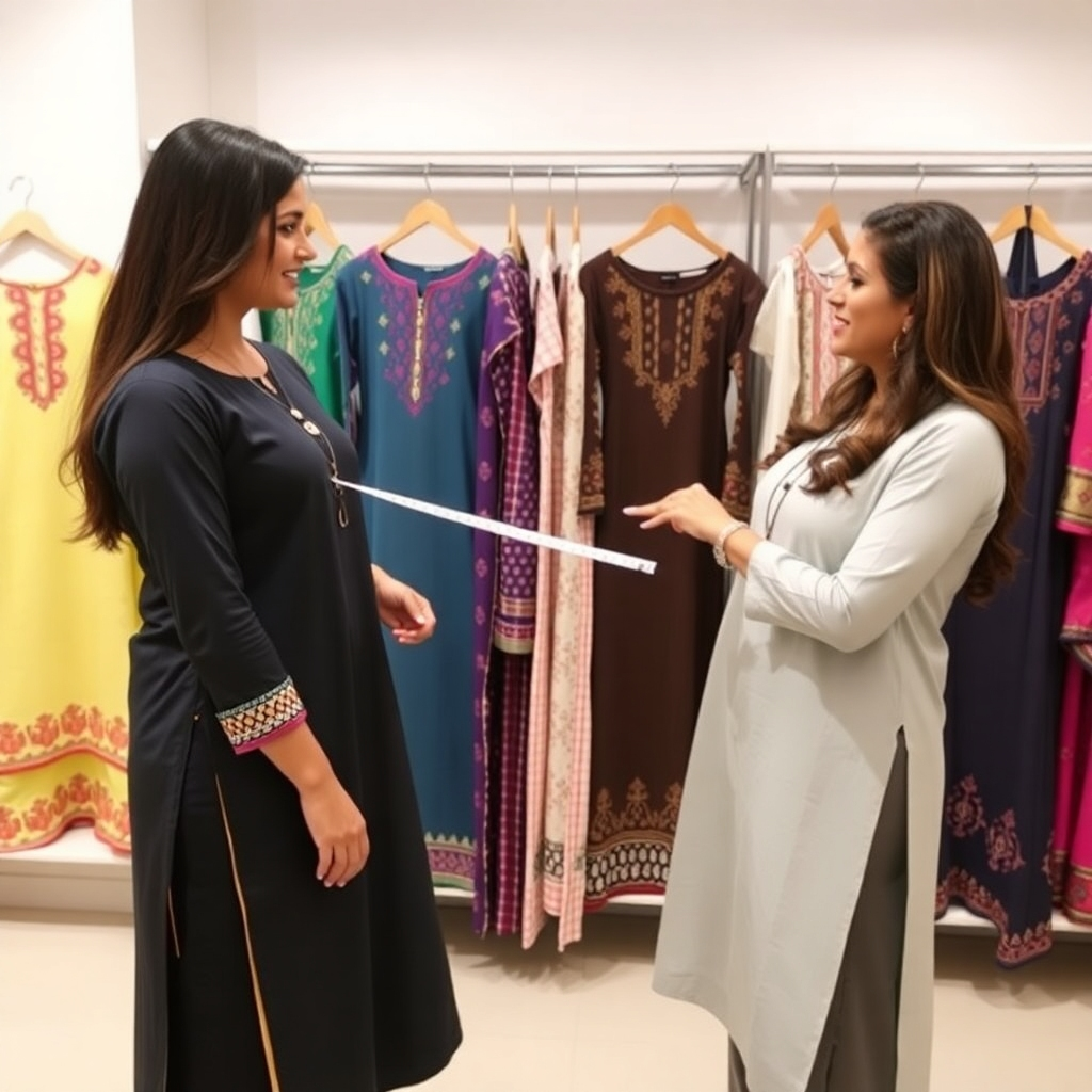 A customer is getting personalized styling advice from a fashion expert in a Vaanay's store setting. The stylist is pointing out the features of a kurti palazzo set to a customer while holding a measuring tape. The scene is in the store, with various kurtis and palazzos on display in the background.