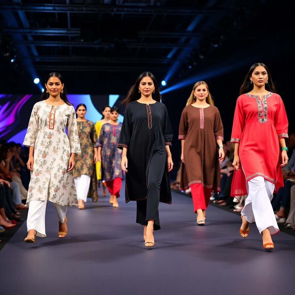 A fashion-forward image showcasing a runway presentation of Vaanay's latest kurti and palazzo collection. Focus on models confidently walking the runway, wearing a variety of trendy designs with bold colors and modern silhouettes. The lighting is dramatic and dynamic, emphasizing the energy of the show. The camera angle is wide, capturing the full runway scene and the audience's reaction. The overall feel is cutting-edge fashion and contemporary style. Style reference: High fashion runway photography.