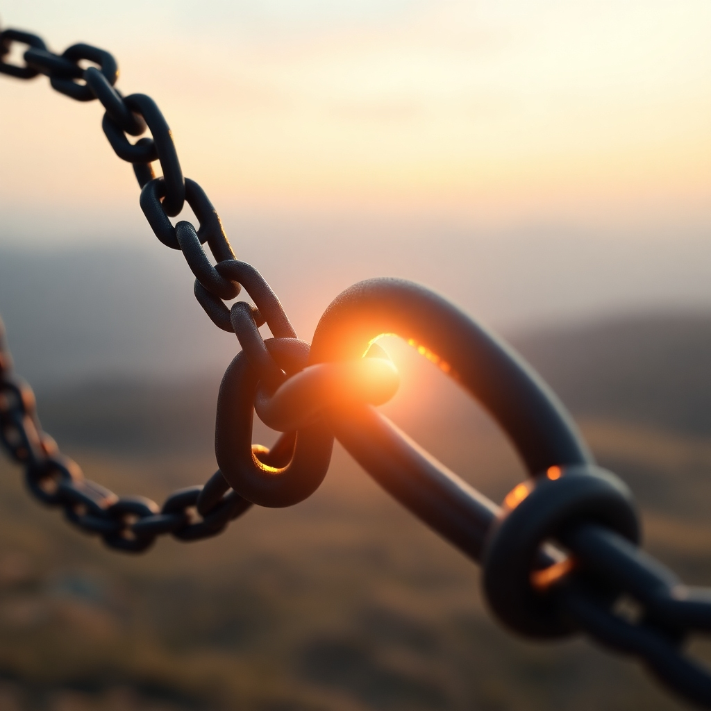 A photorealistic image depicting a glowing, ethereal light gently dissolving dark, shadowy chains that represent limiting beliefs. The background should be a serene, calming landscape with soft pastel colors. The overall mood should be one of release and freedom.