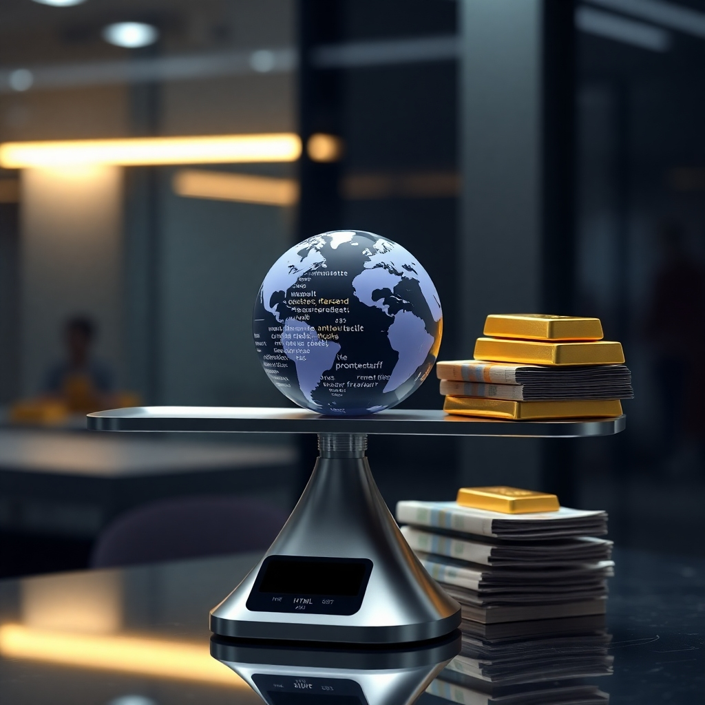 A photorealistic image depicting a digital scale balancing a website icon (globe with html code) against stacks of money and gold bars. The background is a sleek, modern financial setting. The image needs to convey precision and value assessment.