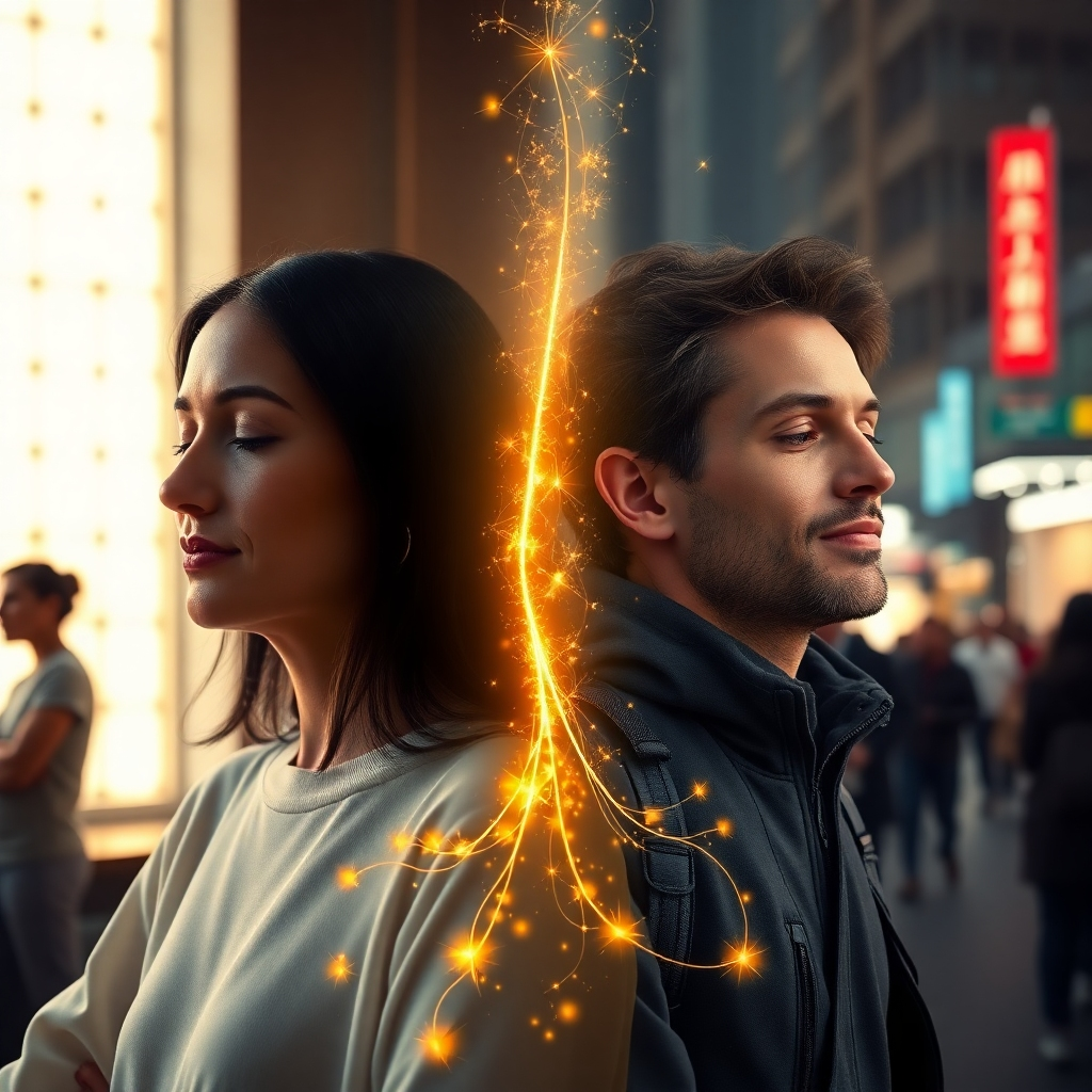 A photorealistic image depicting two individuals, one in a serene, brightly lit meditation space and the other in a bustling city street, connected by a shimmering, golden cord of energy.  Both individuals have peaceful expressions, suggesting a sense of connection and healing energy flowing between them. The background should subtly suggest distance, showcasing the contrast in environments but highlighting the energy connection.