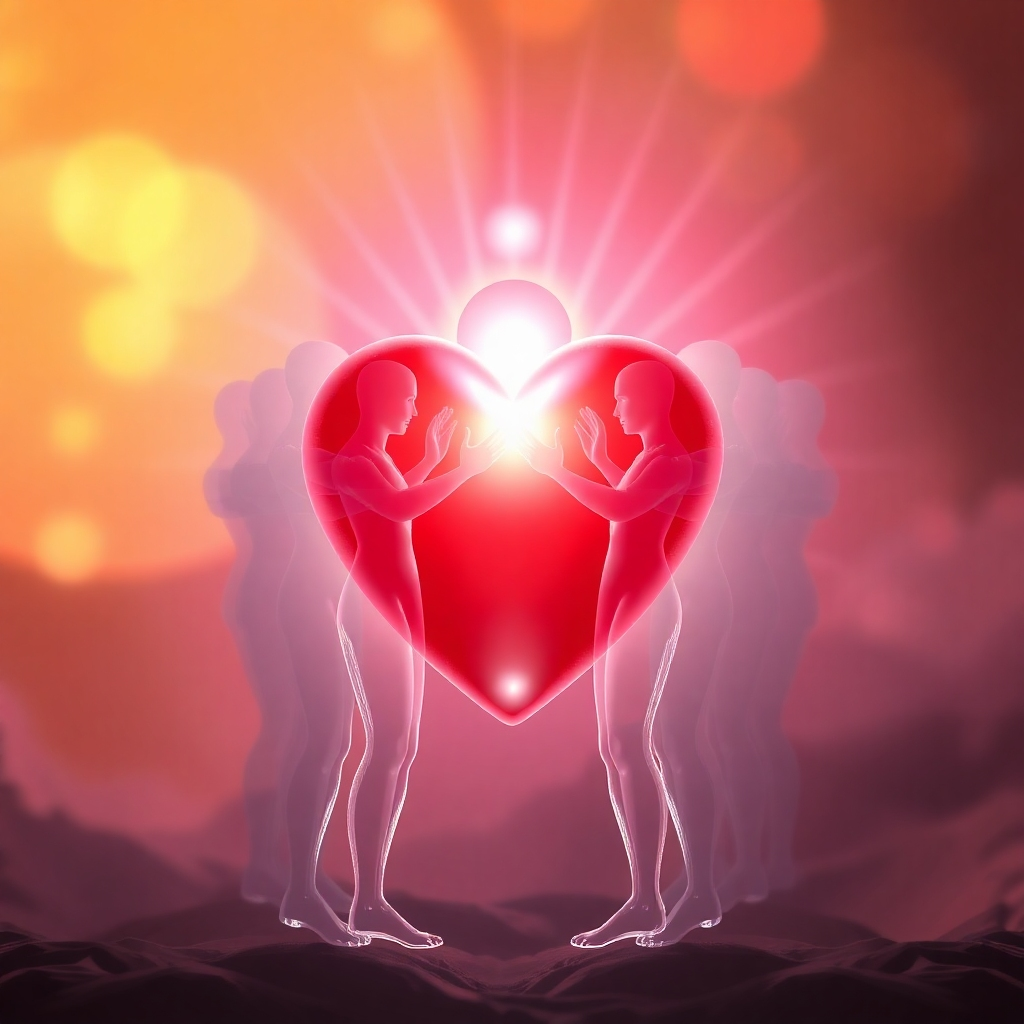 A photorealistic image depicting a heart chakra, vibrant and glowing with light. Surrounding the heart chakra are transparent figures embracing each other, representing forgiveness and unconditional love. The background shows a harmonious blend of warm colors, creating a feeling of tranquility and acceptance.
