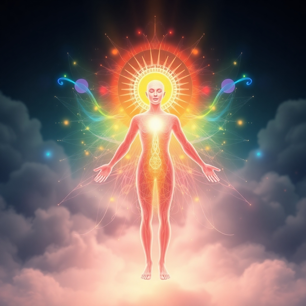 A photorealistic image depicting a stylized representation of the human energy field, vibrant and balanced, with calming colors flowing through it. The background features soft, peaceful imagery, suggesting a state of harmony and well-being.  The image should evoke serenity and wholeness.
