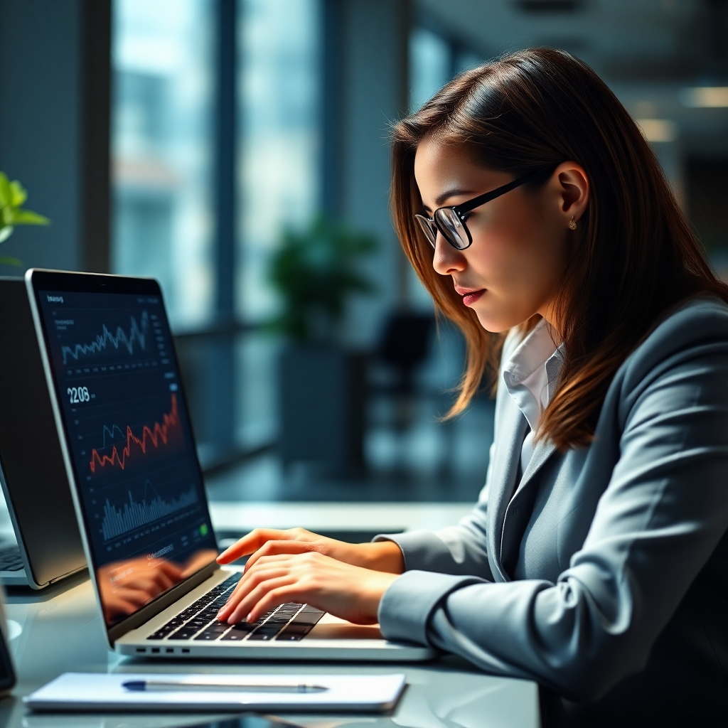 A photorealistic image of a businesswoman intently studying a laptop screen filled with website analytics data, graphs, and charts.  The background should be a modern, well-lit office. The image should convey focus and attention to detail.