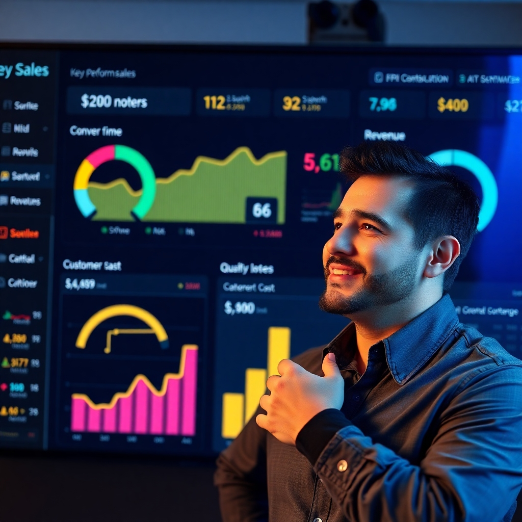 A photorealistic image of a dashboard showing key performance indicators (KPIs) related to webpage sales, such as conversion rates, revenue, and customer acquisition cost. The dashboard should be visually appealing and easy to understand. The image should also include a person confidently looking at the dashboard with a satisfied expression.