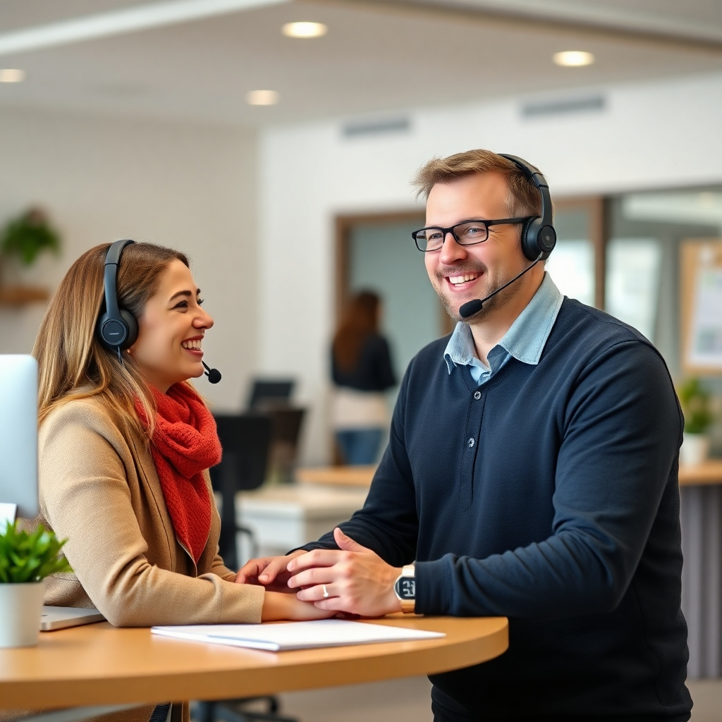 A stylized image of a friendly, approachable customer service agent assisting a customer. Use a soft color palette that expresses care and help. The style could be semi-realistic, focusing on the emotional aspect of the interaction. The customer and agent could be represented by simple, easily identifiable icons or illustrations.