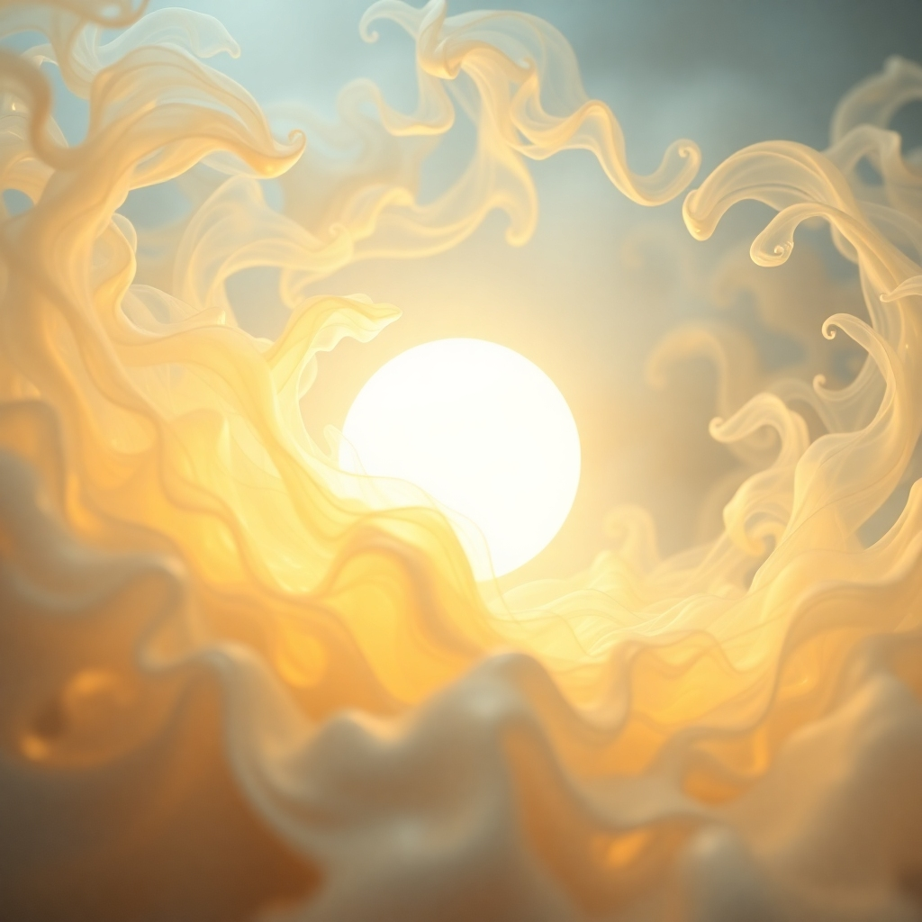 A photorealistic image of a glowing orb of white light, surrounded by swirling, translucent forms representing negative energy slowly dissolving and transforming into positive golden energy. The scene should be calming and ethereal, with a sense of release and transformation. The overall mood should be peaceful and hopeful.