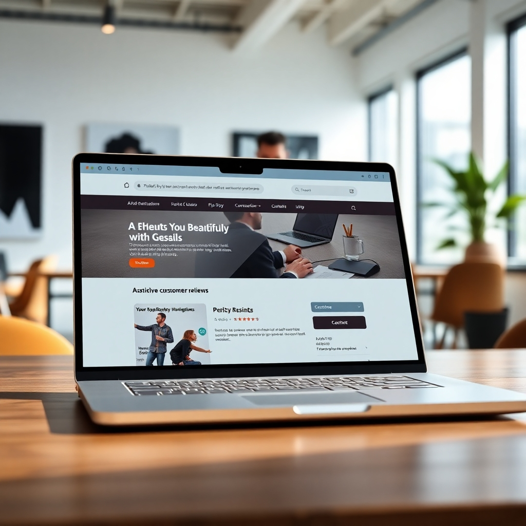 A photorealistic image of a laptop displaying a beautifully designed webpage with high-quality images and compelling text, showcasing a product with positive customer reviews visible. The background should be a modern, minimalist office setting with natural light.