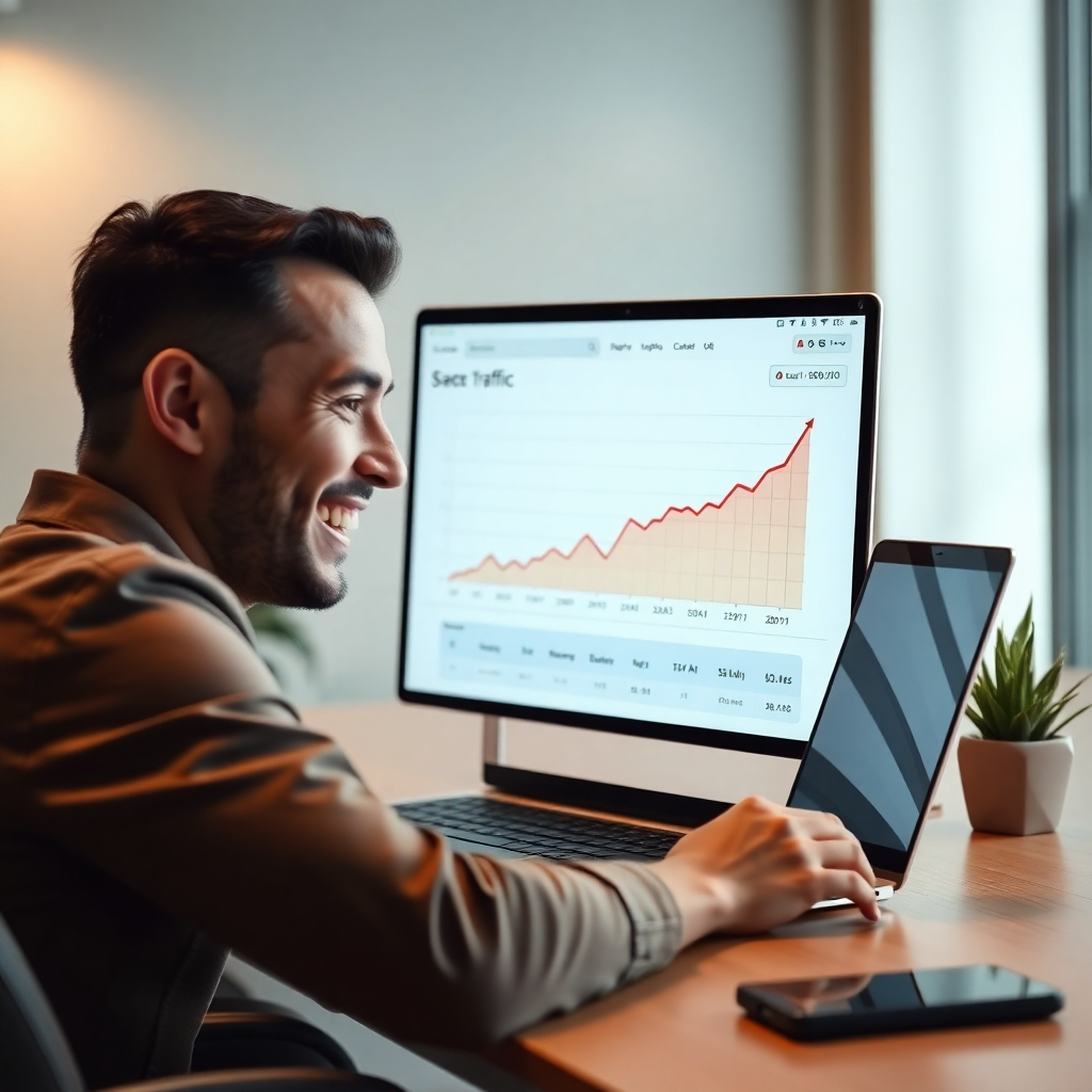 A photorealistic image of a person smiling and looking at a laptop screen showing a graph of increasing website traffic and revenue. The background should be a modern, minimalist office. The overall feeling is one of success and accomplishment.