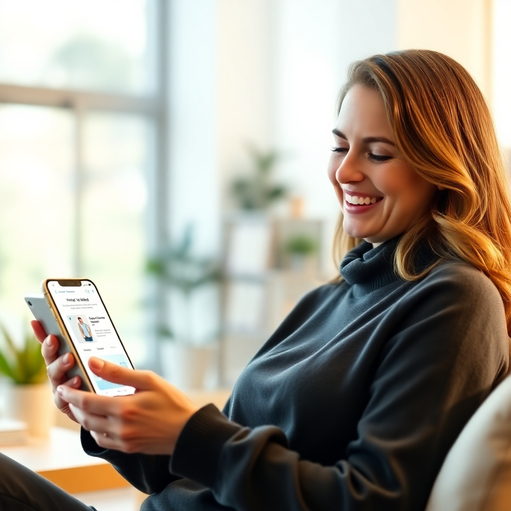A photorealistic image of a person smiling while easily navigating a clean and intuitive website on their phone. The website should feature clear calls-to-action and simple product browsing options. The background should be a bright and airy setting, emphasizing ease and convenience.