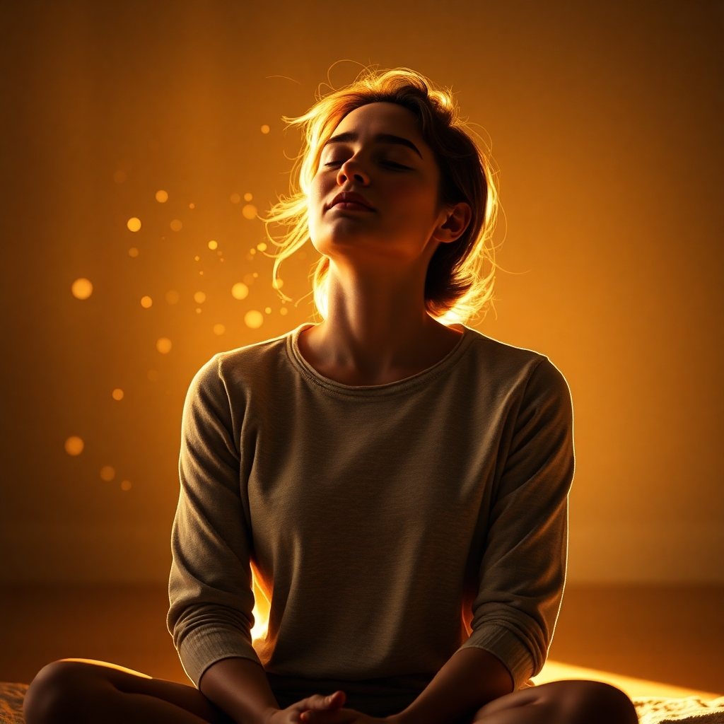 A photorealistic image of a person sitting peacefully, eyes closed, bathed in soft, golden light.  Subtle, translucent particles swirl around them, representing the release of negative emotions. The background is blurred, suggesting a sense of detachment from daily stress.