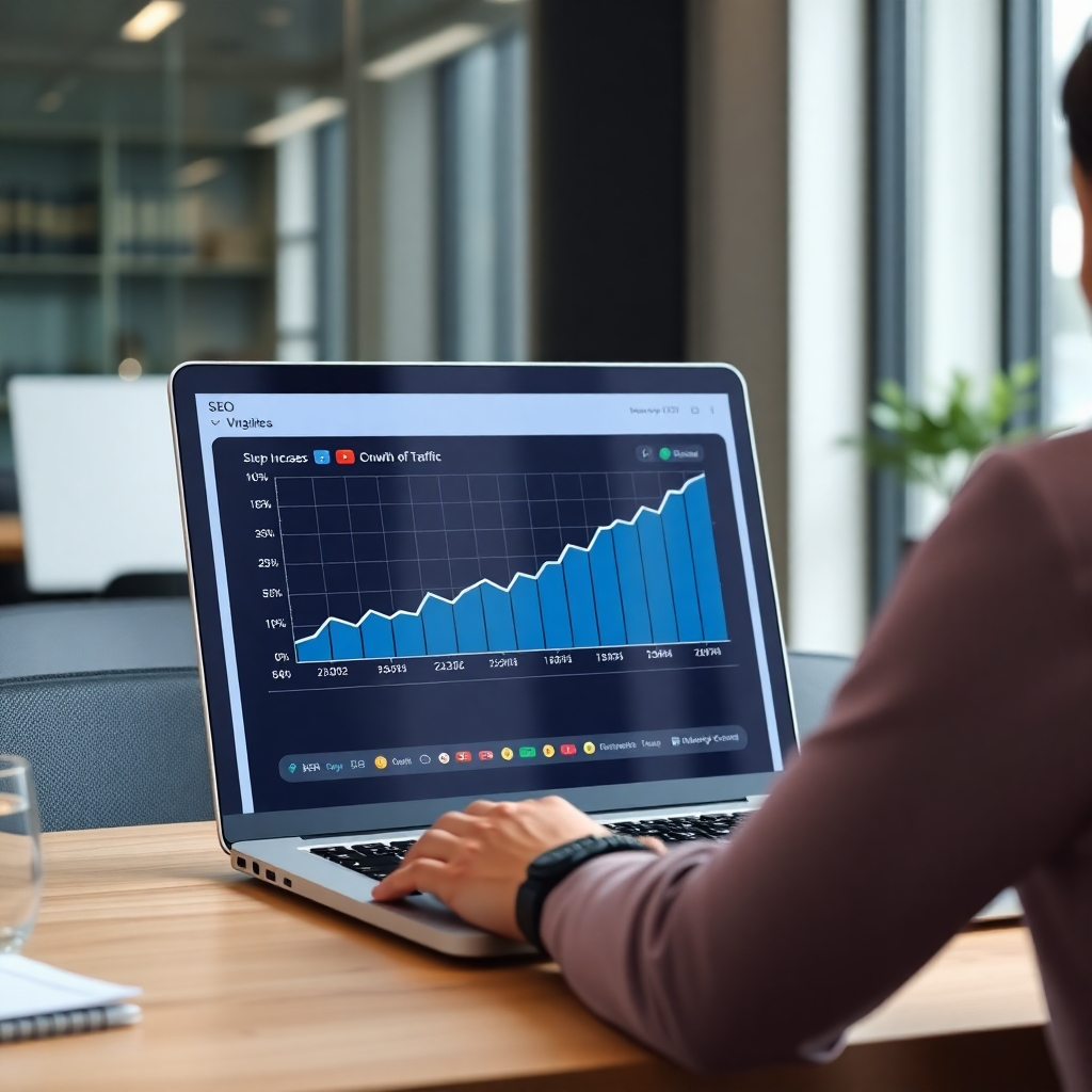 A photorealistic image of a person looking at a laptop screen showing a graph demonstrating a sharp increase in website traffic.  The graph should clearly indicate the correlation between SEO implementation and traffic growth. The background should be a professional office environment.