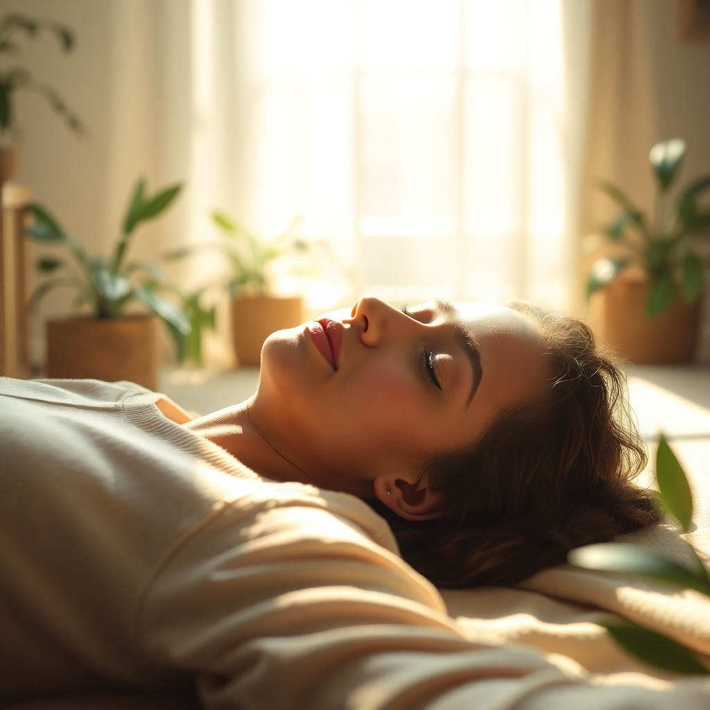 A photorealistic image of a person lying down in a sunlit room, eyes closed, appearing calm and relaxed. Soft light emanates from within them, extending outwards.  The surrounding area is uncluttered and peaceful, filled with natural elements like plants and soft light.  The overall image should convey a sense of calm, balance, and inner peace.