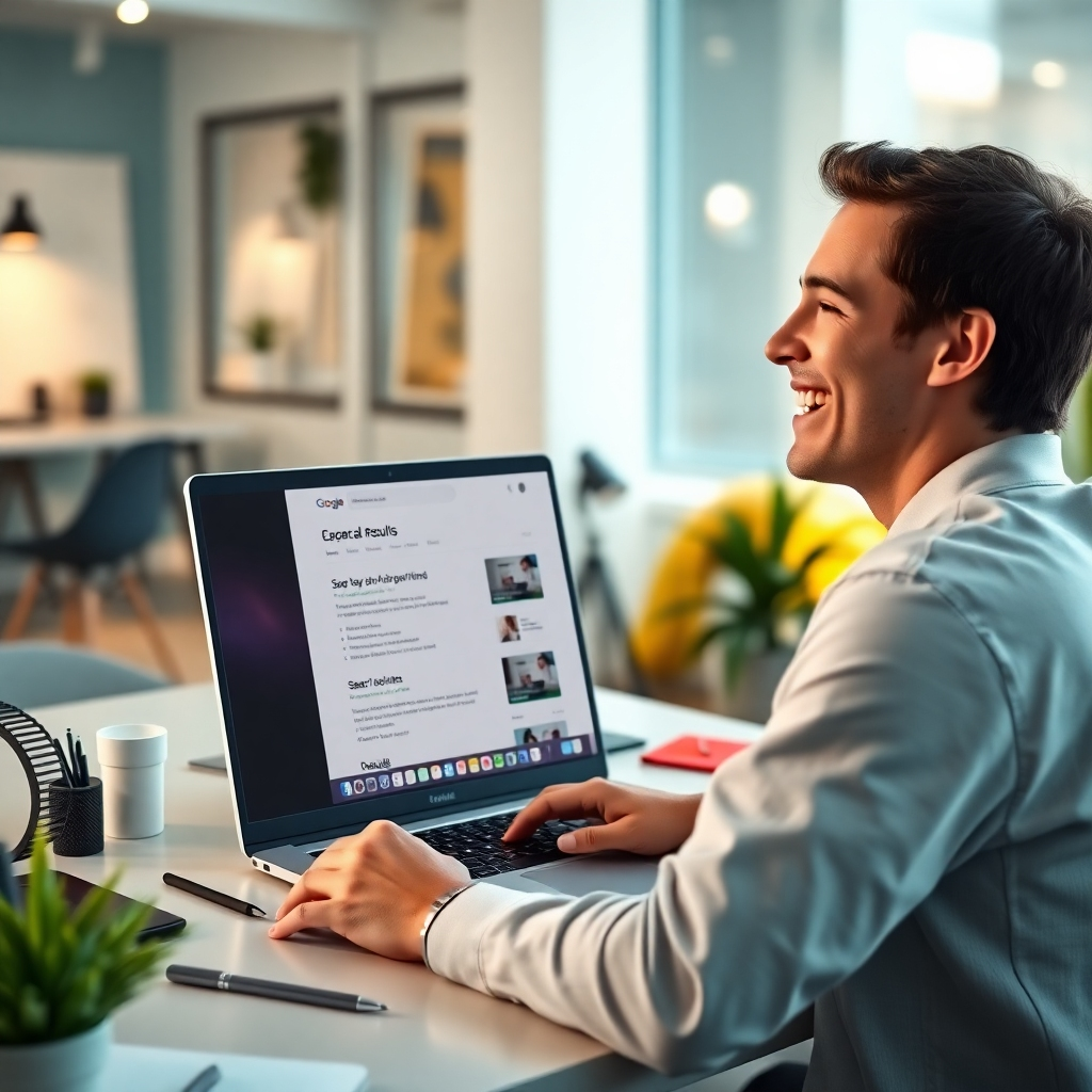 A photorealistic image rendered in 8k resolution, depicting a person smiling while looking at a laptop screen showcasing a webpage with high search engine ranking results. The scene is set in a bright, modern co-working space, with soft diffused lighting and a calming color palette of muted blues and greens with pops of warm yellow accents from ambient lighting. The person is sitting at a minimalist desk, and the focus is on the webpage displayed on the laptop screen, showing a high position in Google search results. The laptop is surrounded by various design tools and other office items, subtly hinting at the creative process. The camera angle is slightly elevated, offering a clear view of the laptop screen, and the person is shown smiling and looking happy, highlighting positive results. The style is inspired by the work of contemporary lifestyle photographers, aiming for a clean, vibrant, and aspirational aesthetic. The mood is positive and hopeful, conveying the success brought about by improved search engine rankings.  The image should show hyperrealistic details of the laptop screen displaying various elements of the webpage, the keyboard, and the surrounding office materials.  The background should be subtly blurred, with the main focus always on the laptop screen and the person's positive reaction. The image aims to communicate the idea of success and achievement.